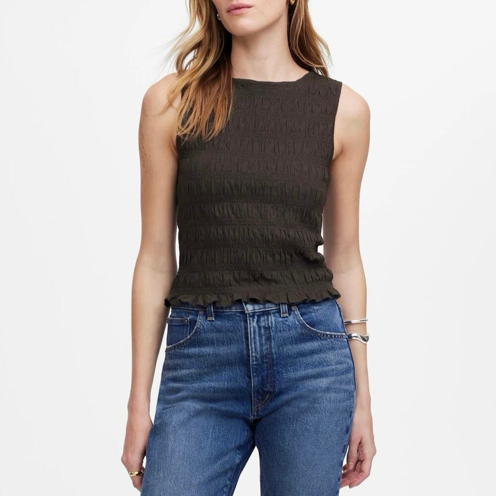 NWT Madewell Smocked Boatneck Tank Cotton-Linen Blend Soft Charcoal Size XXS